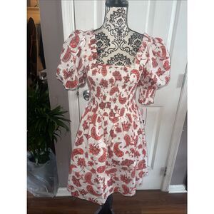 Everlily nwt Red Paisley Smocked Puff-Sleeve Dress